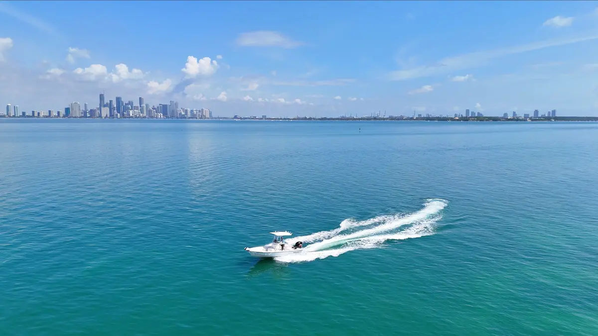 Miami Bay Fishing Charters video - Pathfinder bay boat on Biscayne Bay with Miami skyline